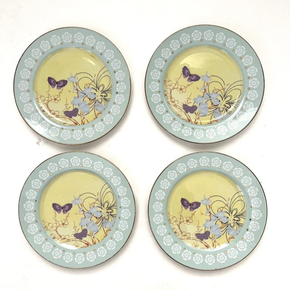 Anthropologie Lot of 4 Side Salad Plates Purple Butterfly Gold Rim Floral Spring